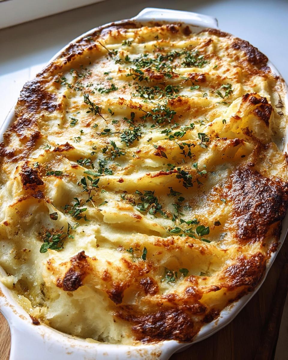 Golden brown mashed potato bake topped with herbs and crispy edges.