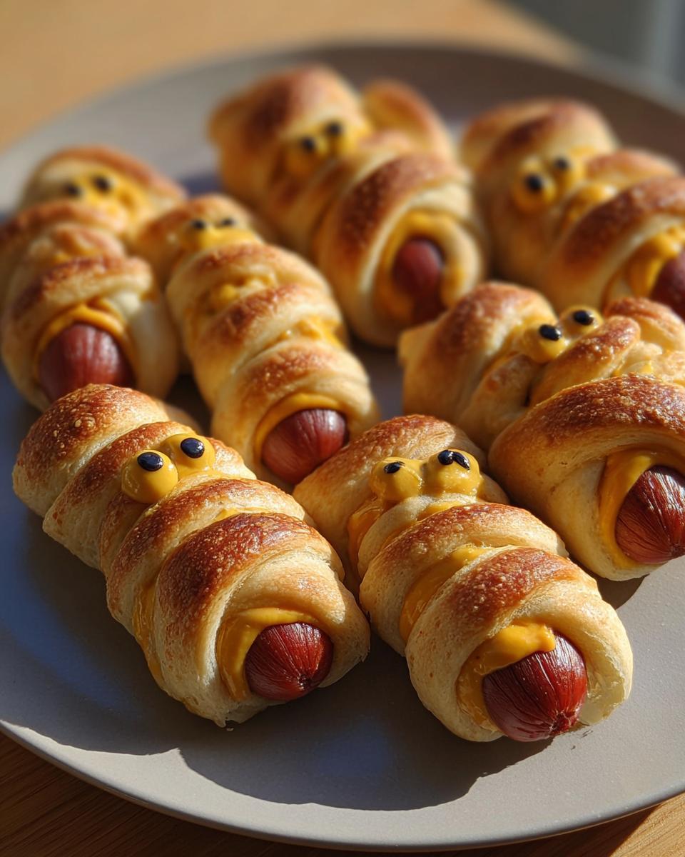 Plate of Cheddar-Stuffed Mummy Dogs wrapped in dough with eyes.