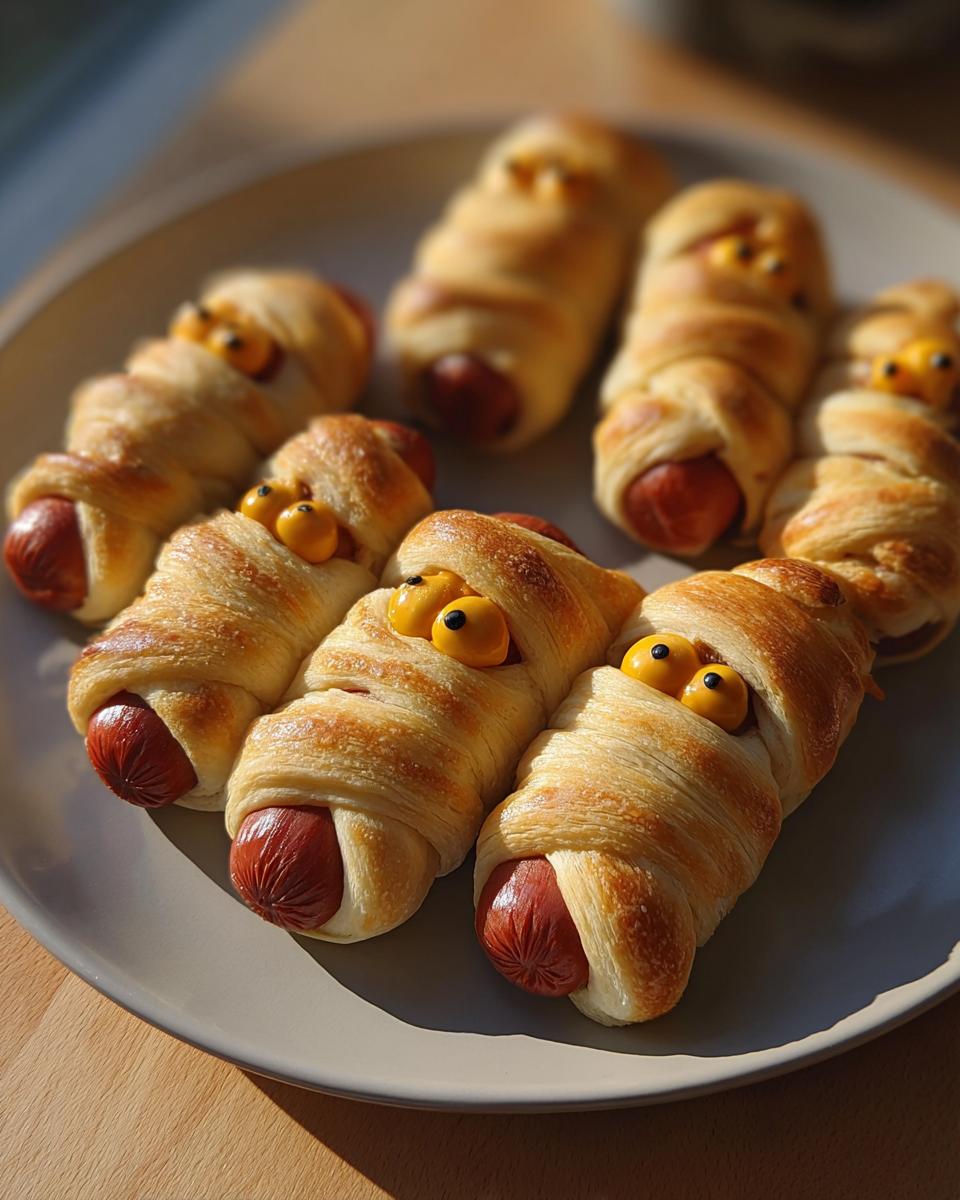 Plate of cheddar-stuffed mummy dogs wrapped in dough with eyes.