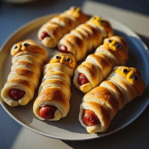 Plate of cheddar-stuffed mummy dogs wrapped in dough with cute faces.