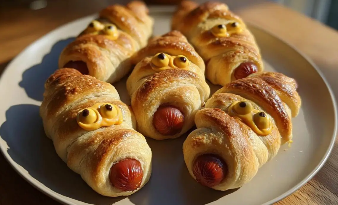 Plate of cheddar-stuffed mummy dogs wrapped in crescent dough.