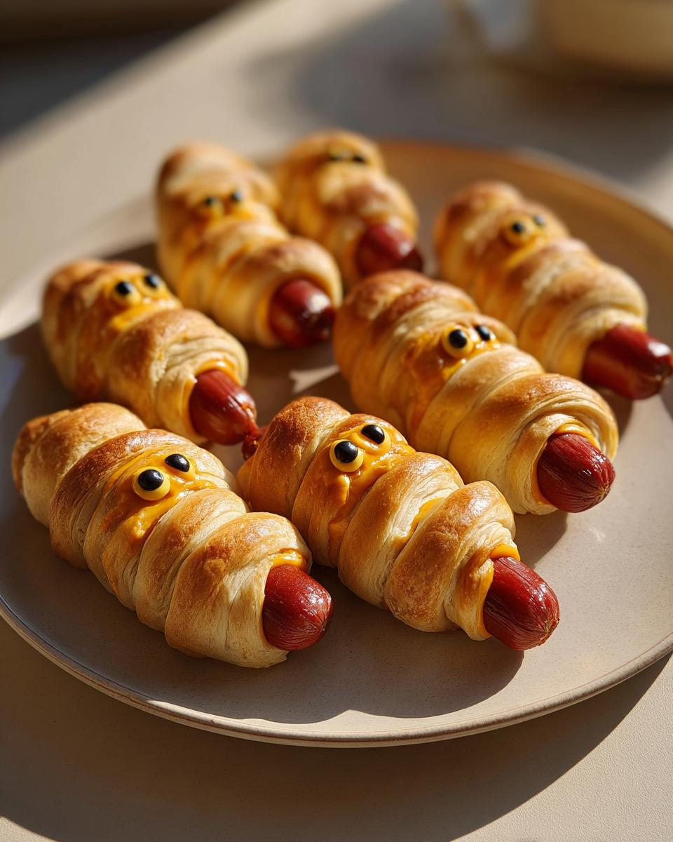 Plate of Cheddar-Stuffed Mummy Dogs wrapped in dough with eyes.