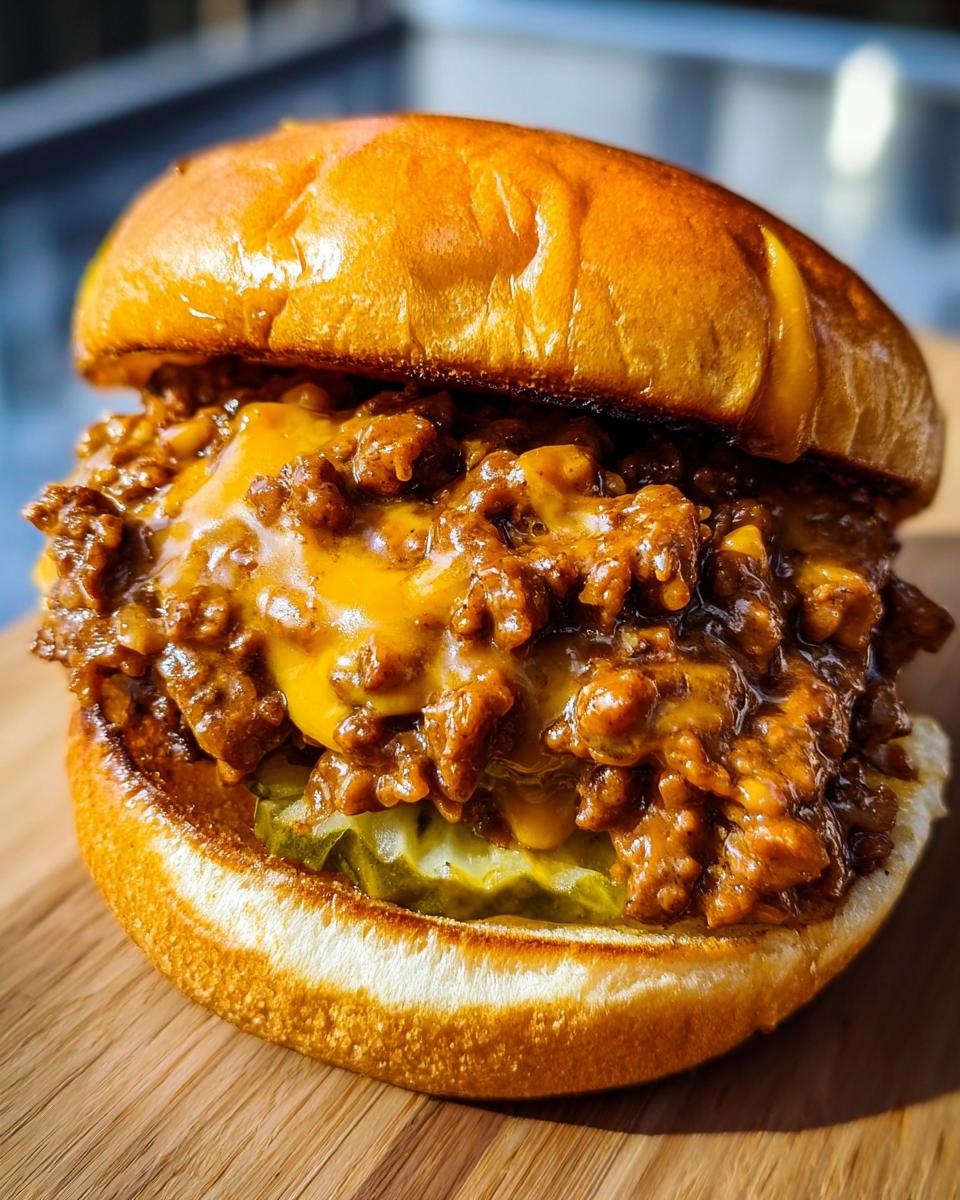 Delicious cheeseburger sloppy joes piled high on a soft bun.