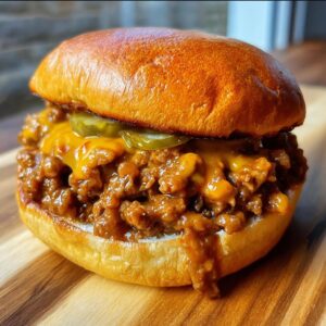 Close-up of a cheeseburger sloppy joe with melted cheese and pickles on a bun.