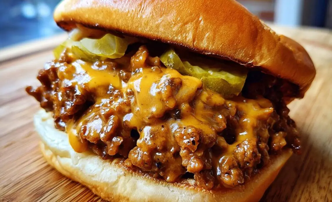 Close-up of a cheeseburger sloppy joe with melted cheese and pickles on a bun.
