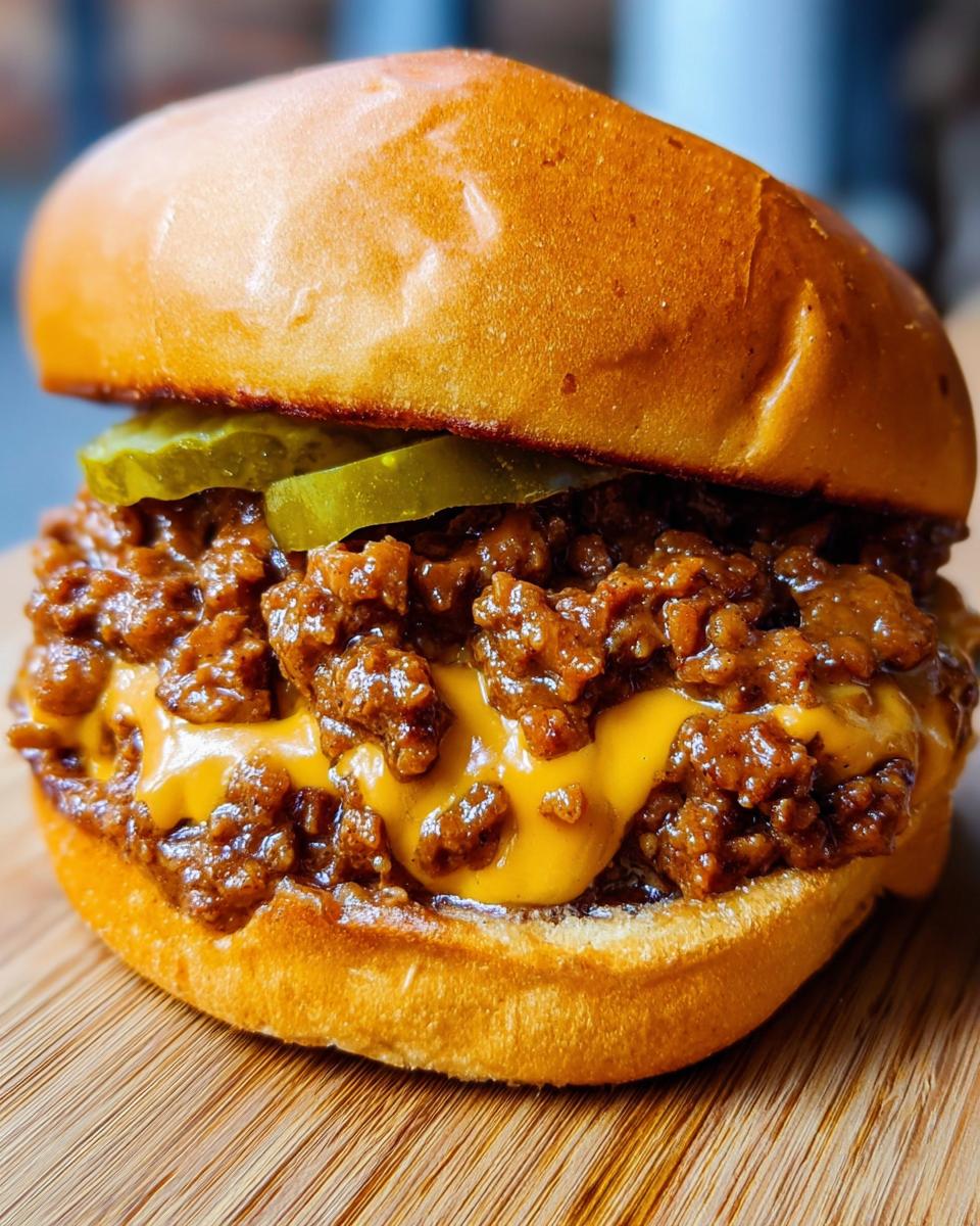 Close-up of a cheeseburger sloppy joe topped with pickles.
