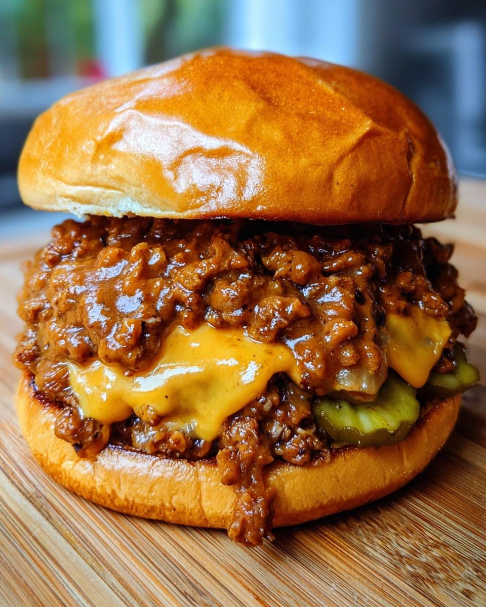 Close-up of a cheeseburger sloppy joe topped with cheese and pickles.