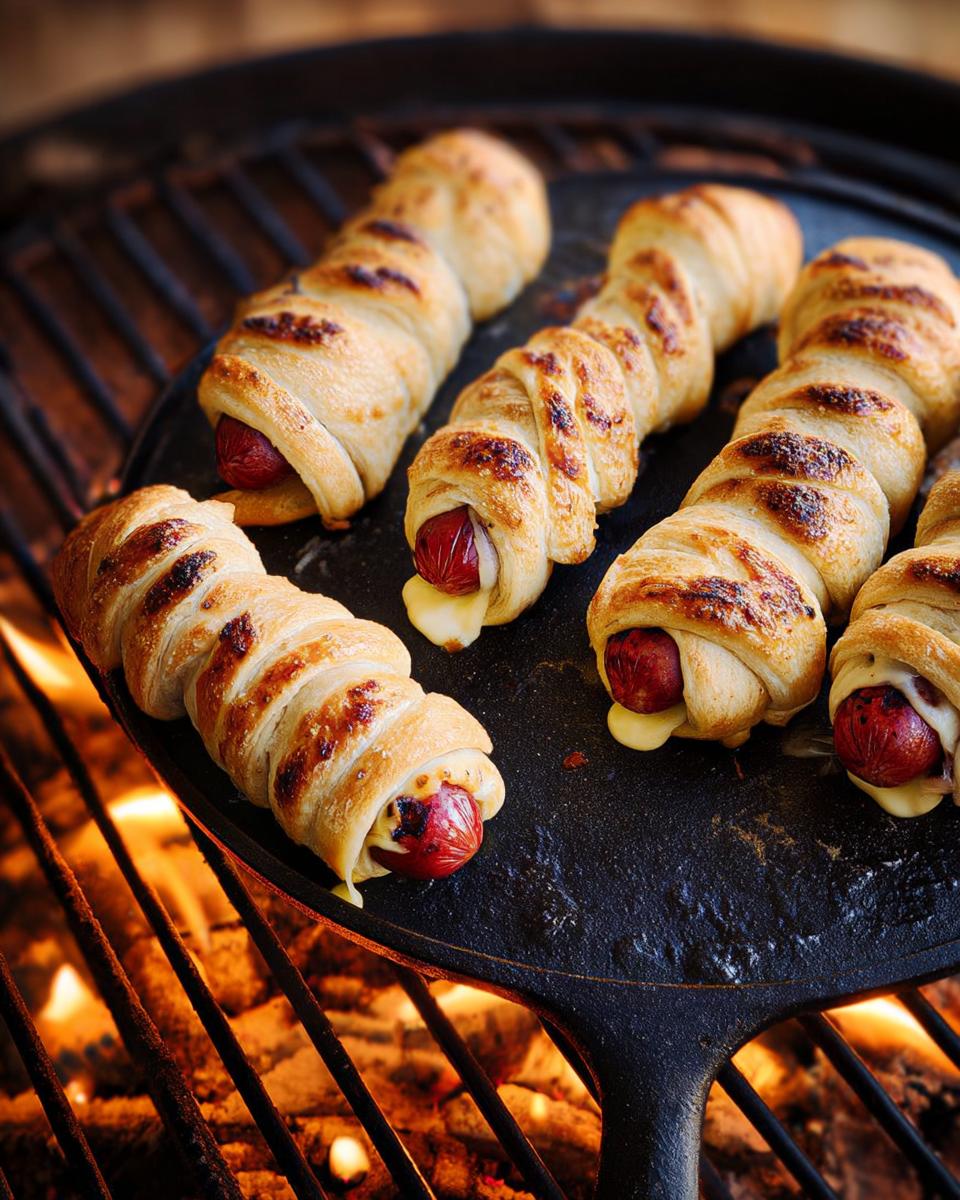 Grilled Cheesy Garlic Mummy Dogs wrapped in dough with melted mozzarella.