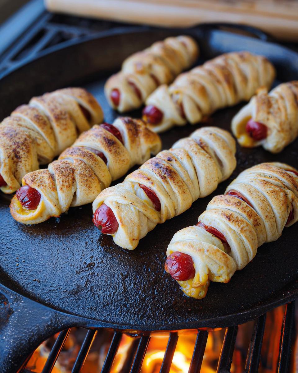 Grilled Cheesy Garlic Mummy Dogs wrapped in mozzarella on a skillet.