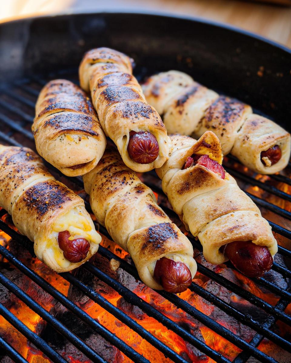Grilled Cheesy Garlic Mummy Dogs wrapped in mozzarella on a grill.