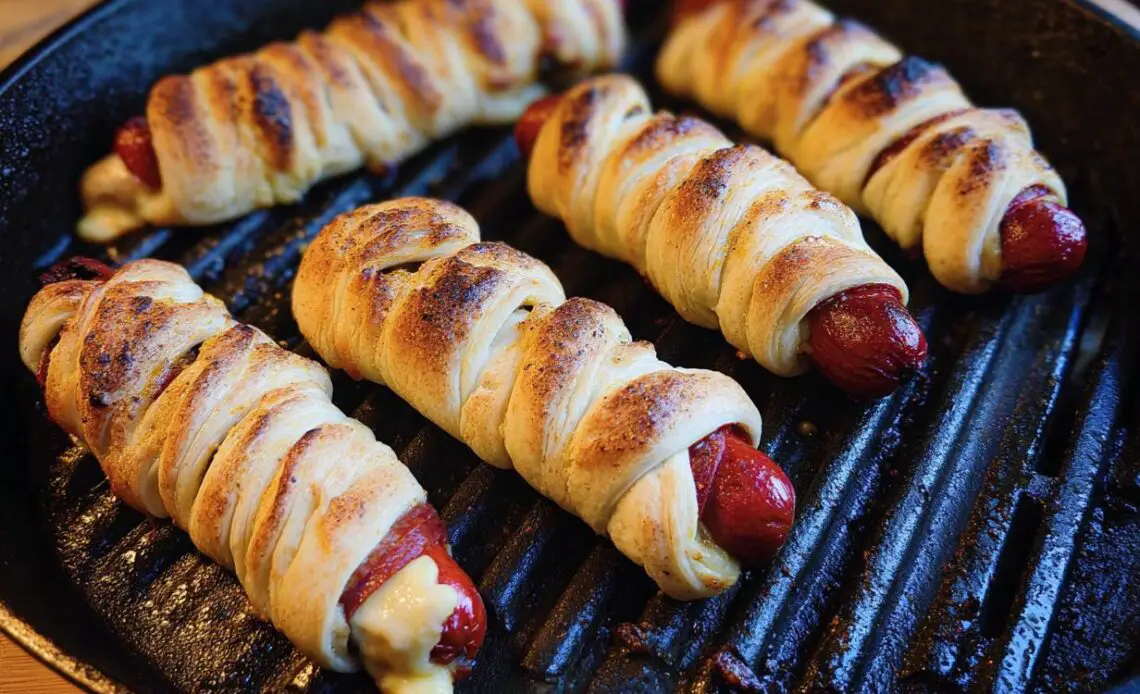 Four cheesy garlic mummy dogs wrapped in dough on a grill pan.