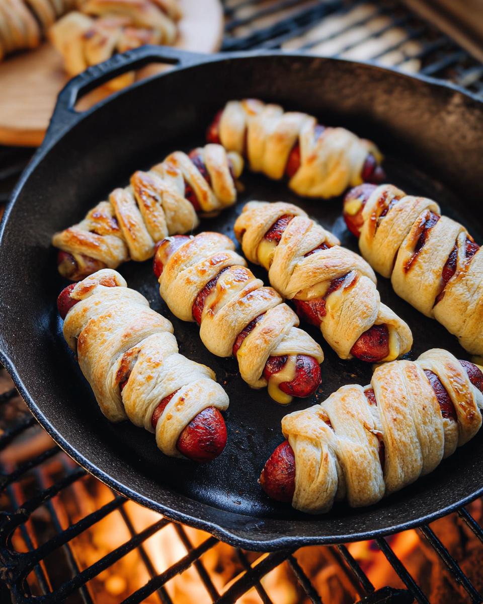 Cheesy Garlic Mummy Dogs wrapped in dough, baking in a skillet.