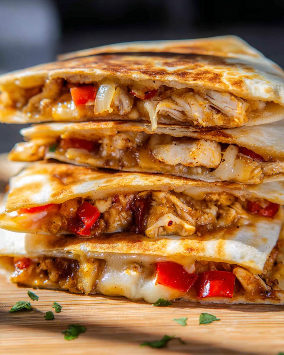 Close-up of stacked Chicken Fajita Quesadillas with chicken, peppers, and melted cheese.