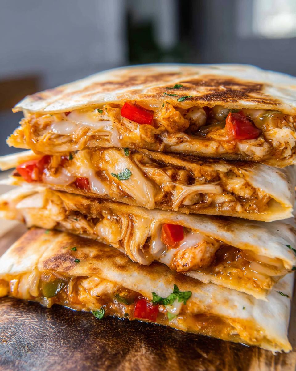 Stack of chicken fajita quesadillas with melted cheese and colorful peppers.
