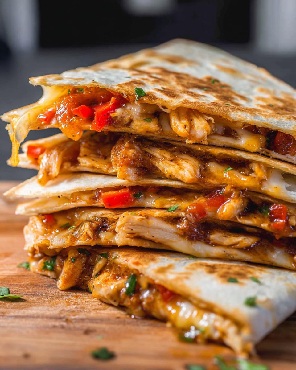 Stack of chicken fajita quesadillas with melted cheese and colorful peppers.