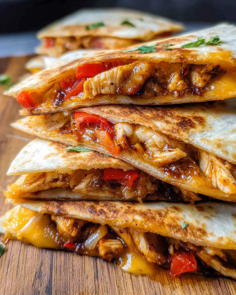 Stack of chicken fajita quesadillas with melted cheese and peppers.