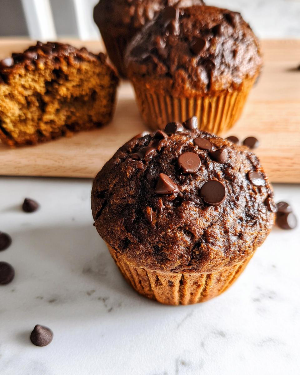 Close-up of a chocolate banana muffin topped with chocolate chips.