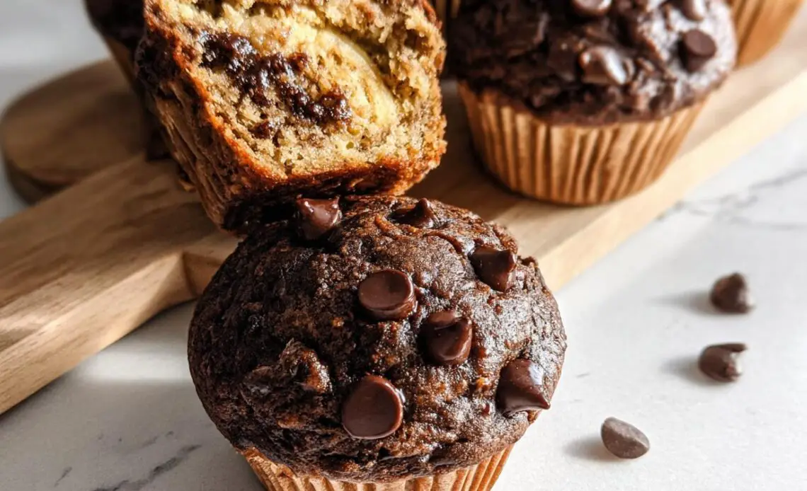 Chocolate banana muffin with chocolate chips and a bite taken out.