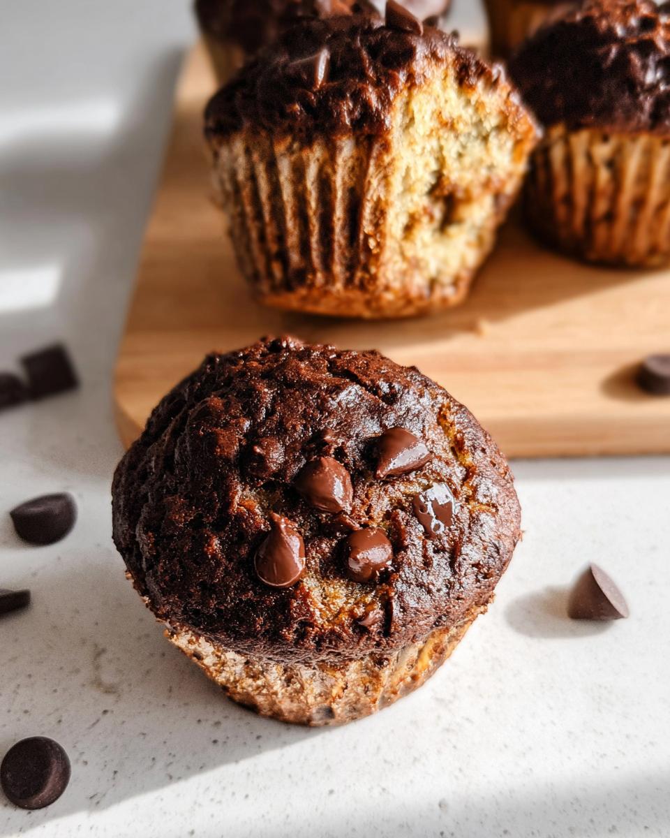 Close-up of a chocolate banana muffin topped with chocolate chips.