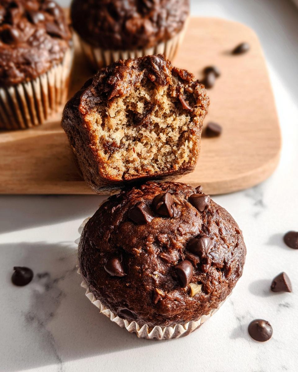 Close-up of chocolate banana muffins with chocolate chips on top.