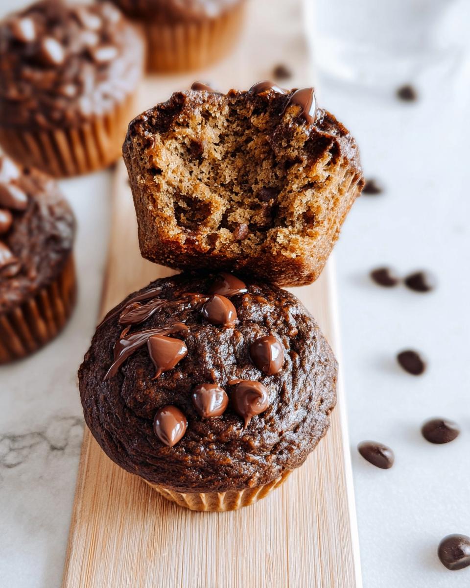 Close-up of chocolate bat banana muffins with a bite taken out.