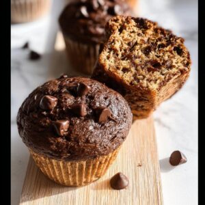 Chocolate bat banana muffin with chocolate chips and a slice beside it.