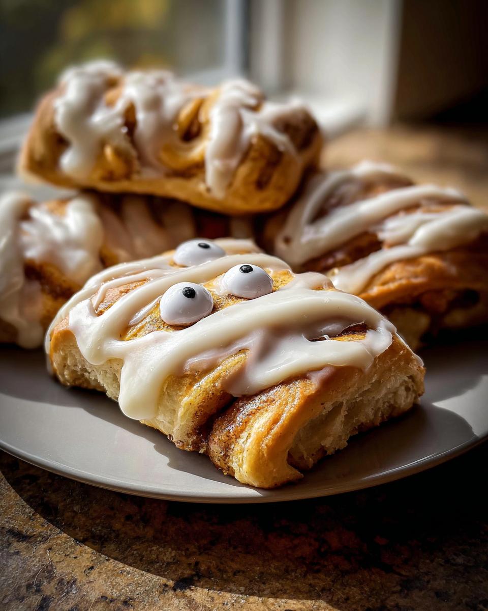 Plate of Cinnamon Roll Mummy Sticks with icing and candy eyes.