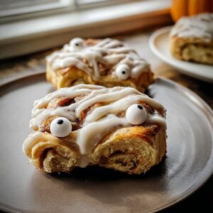 Close-up of cinnamon roll mummy sticks with icing and candy eyes.