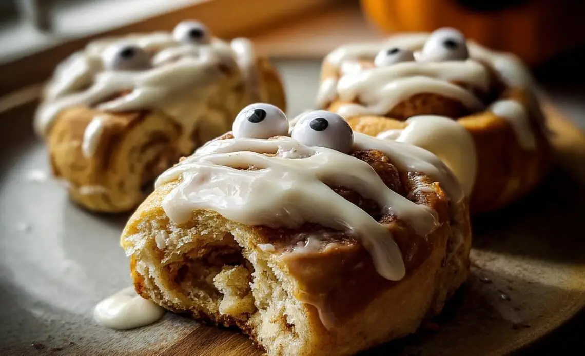 Close-up of cinnamon roll mummy sticks with frosting and candy eyes.