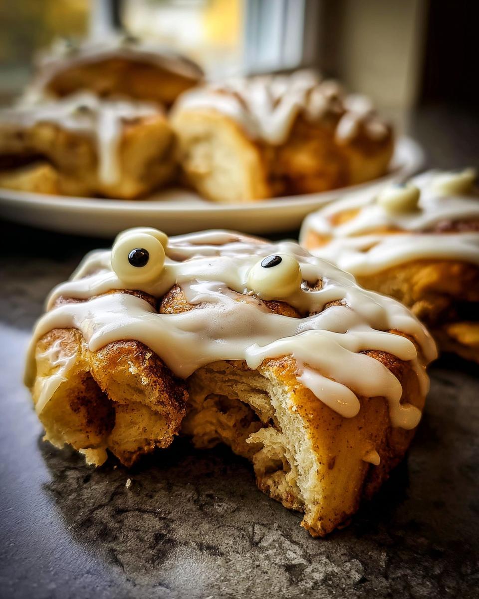 Close-up of a cinnamon roll mummy stick with icing and candy eyes.