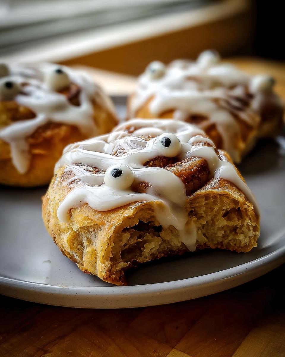 Delicious cinnamon roll mummy sticks with icing and candy eyes.