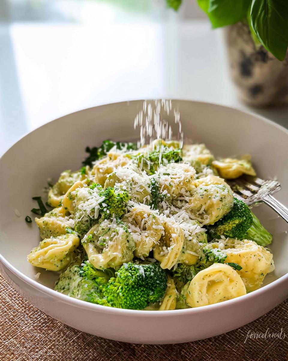 Bowl of creamy pesto tortellini with spinach and broccoli topped with cheese.