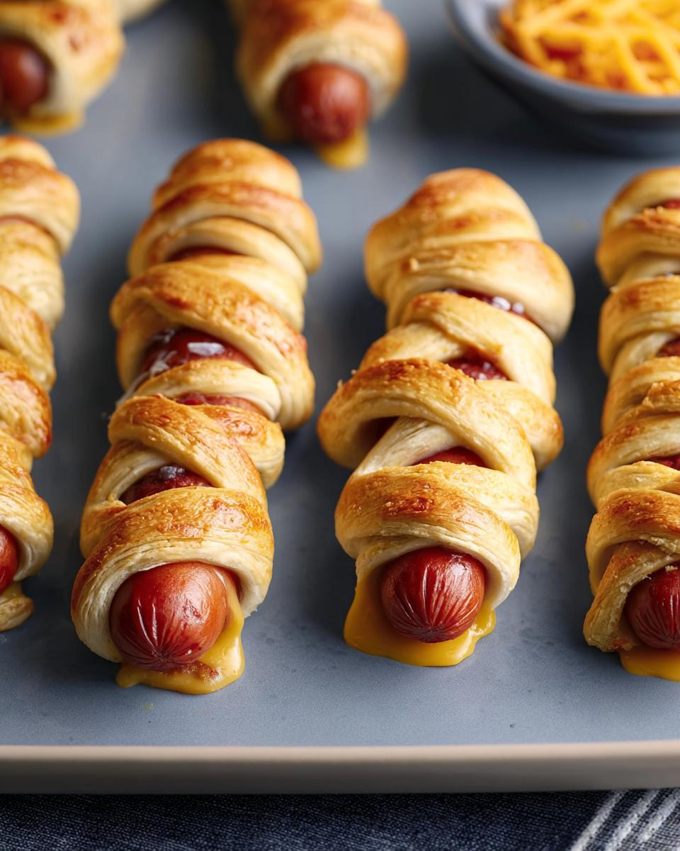 Delicious Crescent-Wrap Mummy Dogs with cheese and hot dogs.