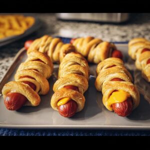 Plate of Crescent-Wrap Mummy Dogs with melted cheese and crispy dough.