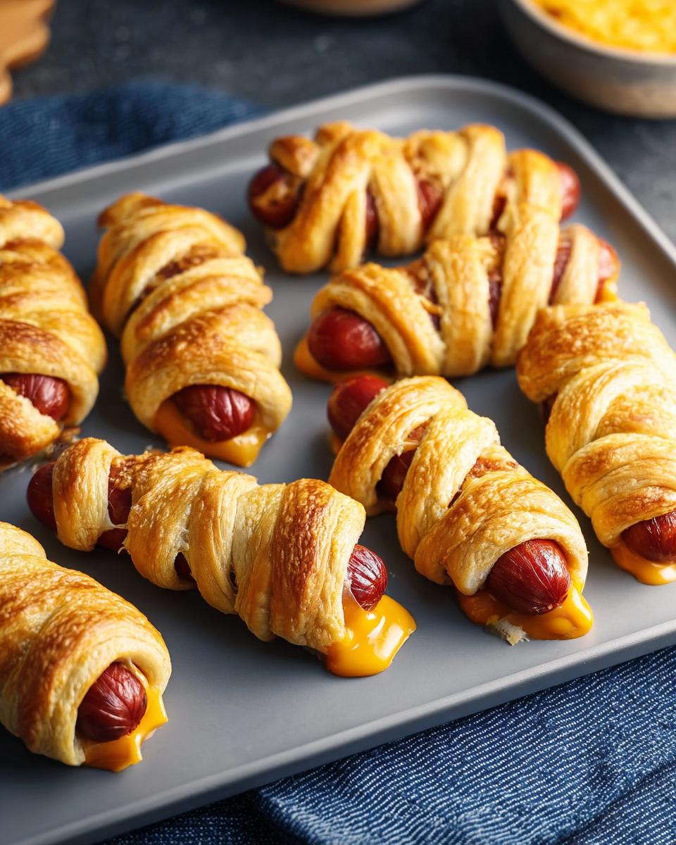 Delicious Crescent-Wrap Mummy Dogs with melted cheese on a tray.