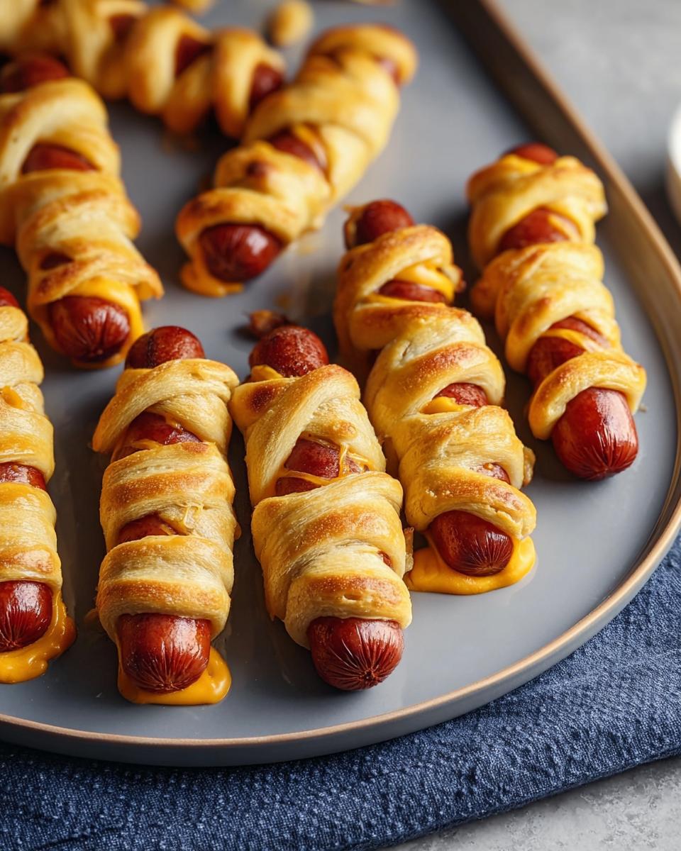 Plate of Crescent-Wrap Mummy Dogs wrapped in dough with melted cheese.