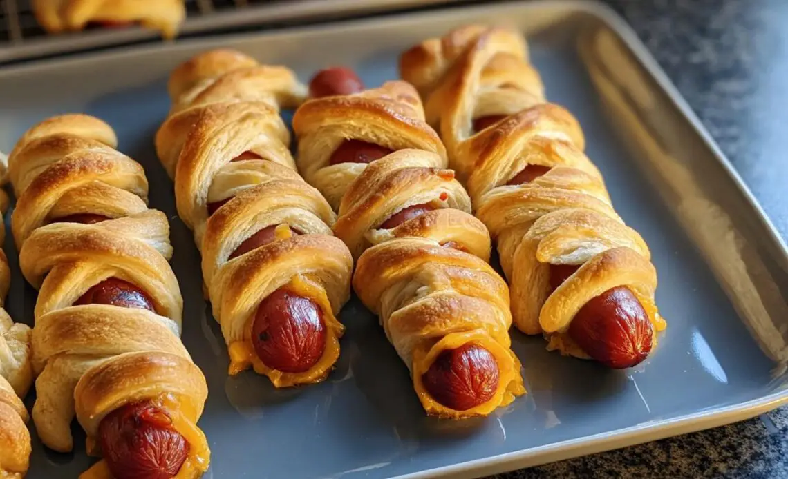 Plate of Crescent-Wrap Mummy Dogs with cheese and hot dogs.