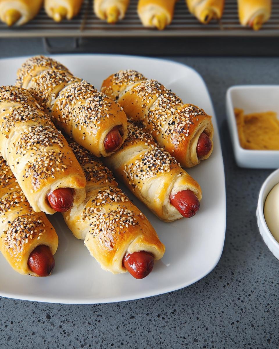 Plate of Everything-Bagel Mummy Dogs wrapped in dough and topped with seeds.