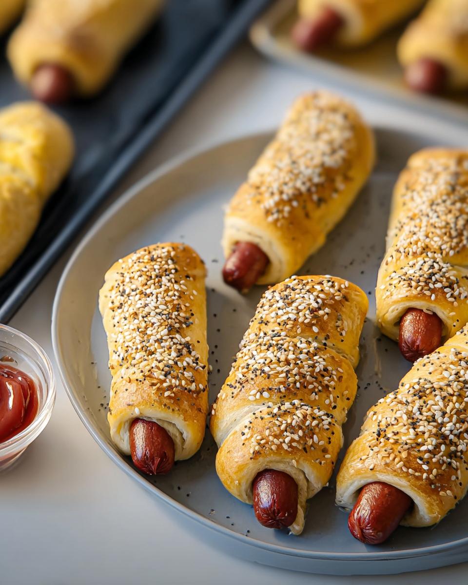 Plate of Everything-Bagel Mummy Dogs wrapped in dough with sesame seeds.
