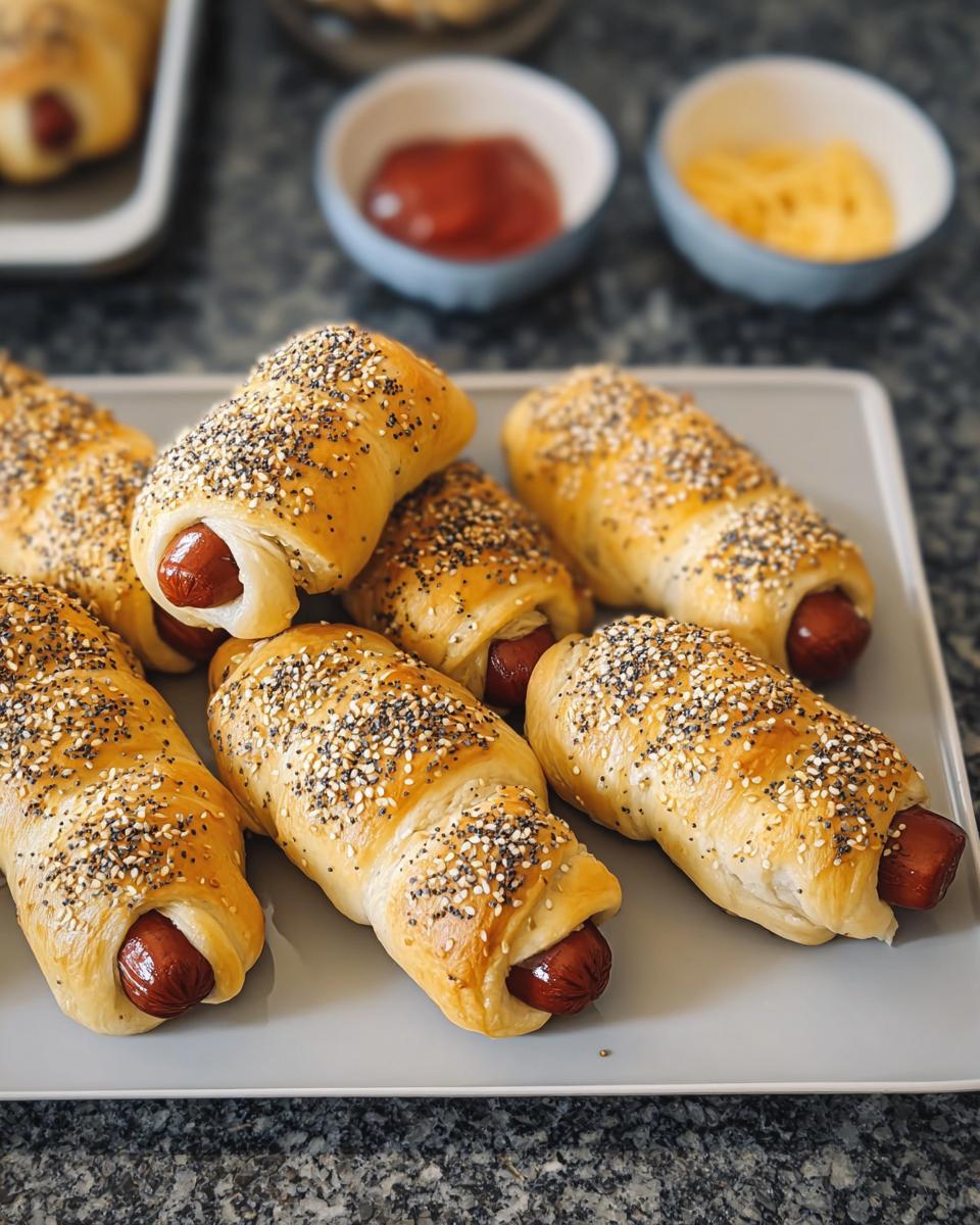 A platter of Everything-Bagel Mummy Dogs wrapped in golden pastry.