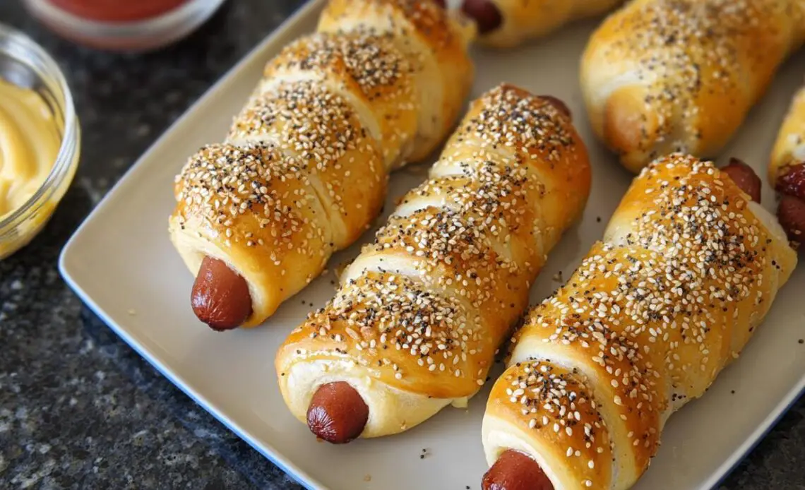 Everything-Bagel Mummy Dogs wrapped in dough and topped with sesame seeds.