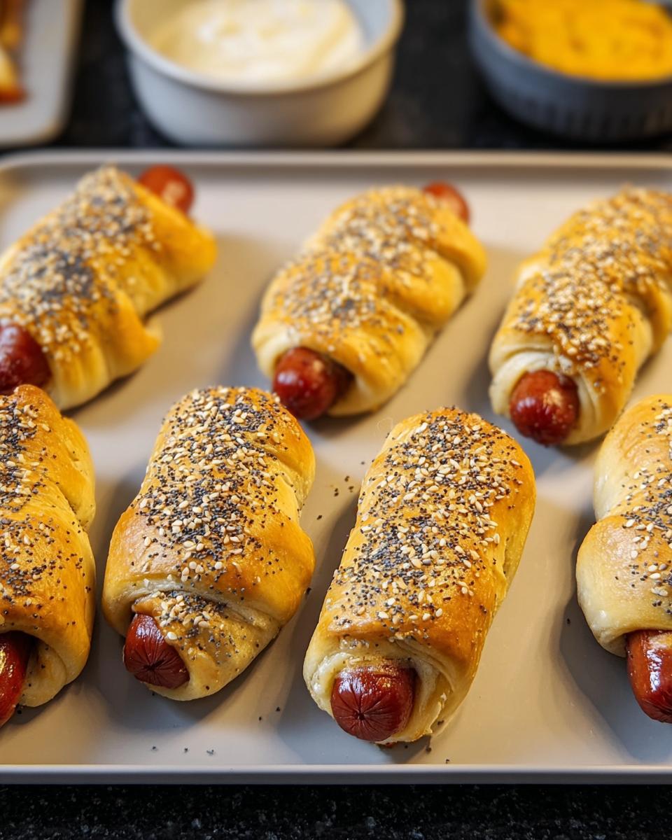 Platter of Everything-Bagel Mummy Dogs wrapped in dough and topped with seeds.