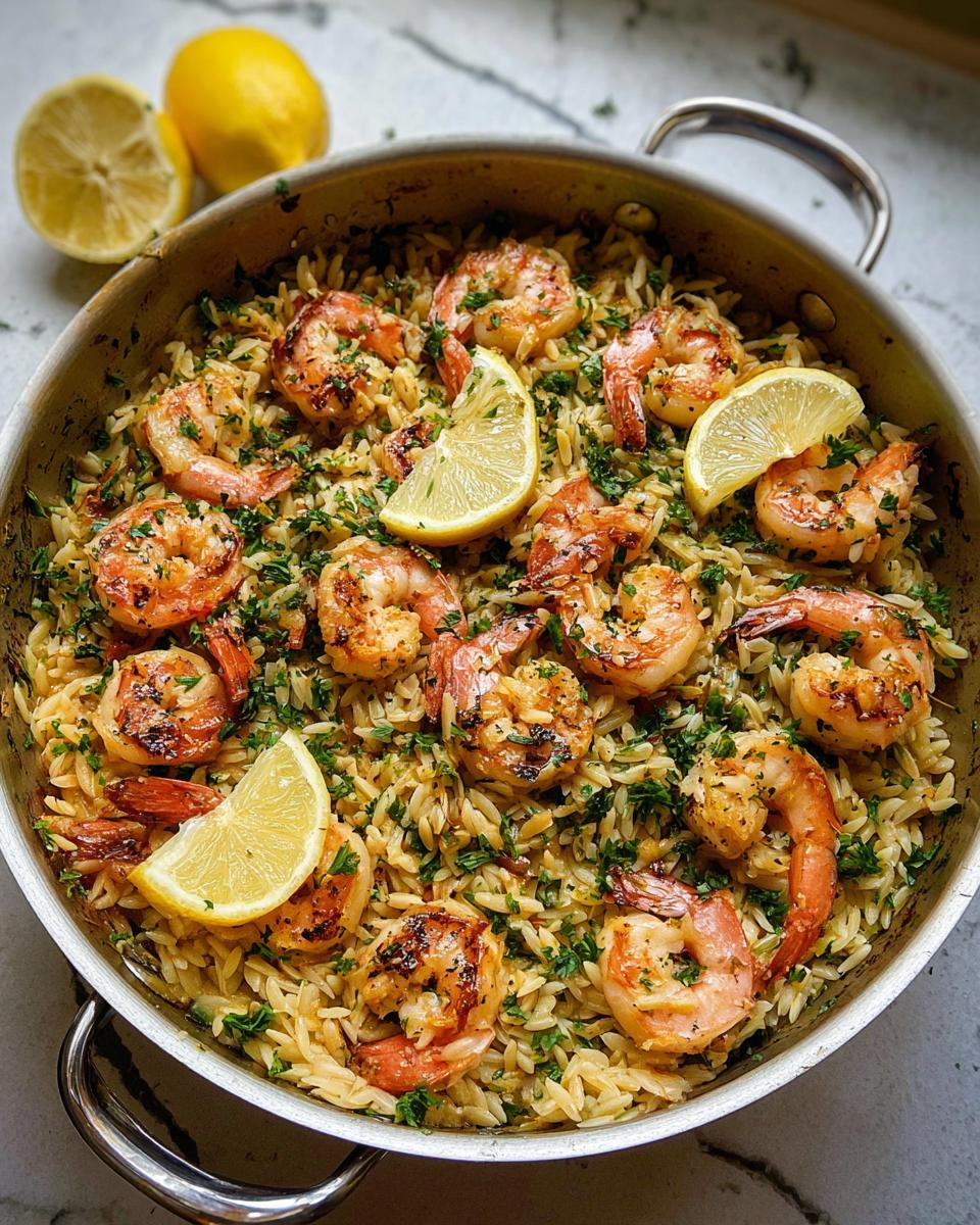 One pot garlic-butter shrimp and orzo with lemon slices and herbs.