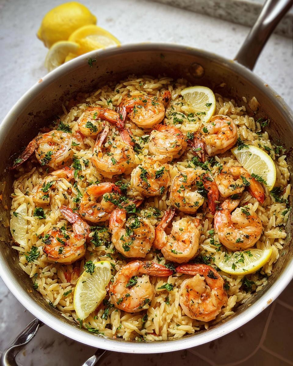 Delicious garlic-butter shrimp and orzo in a pot, garnished with lemon slices.