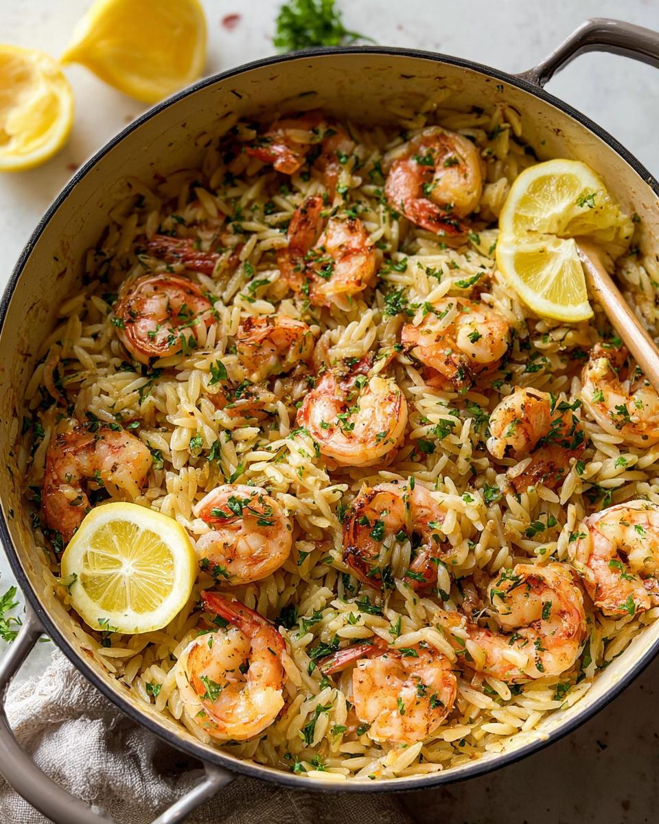 One pot garlic-butter shrimp and orzo with lemon slices and herbs.