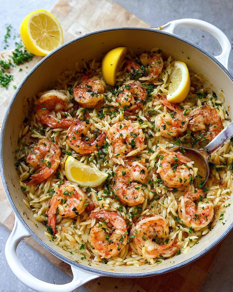 One pot dish of garlic-butter shrimp and orzo with lemon slices.