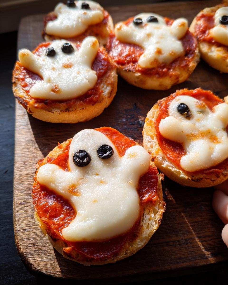 Delicious ghost-shaped pizza bagels topped with cheese and pepperoni.