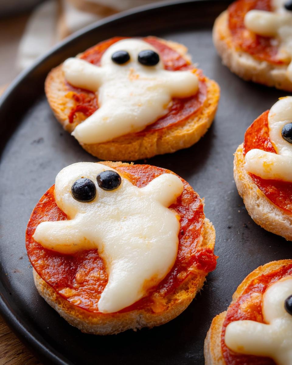 Plate of ghost-shaped pizza bagels topped with cheese and olives.