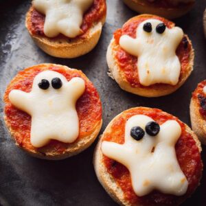 Delicious ghost pizza bagels topped with cheese and tomato sauce.