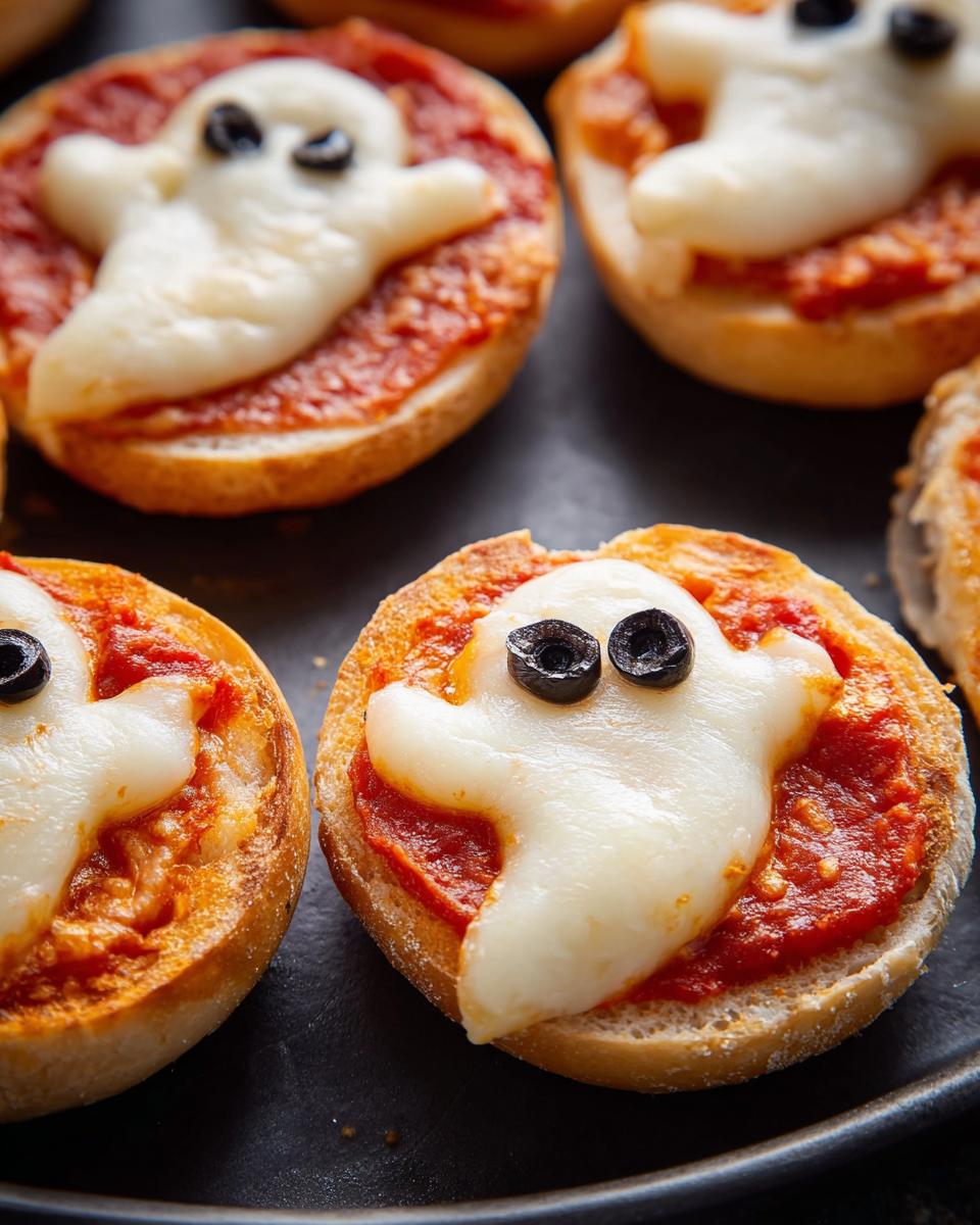 Close-up of ghost-shaped pizza bagels topped with cheese and olives.